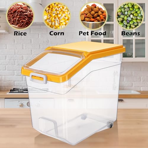 4 Pcs Rice Storage Container 38 lb Flour Container with Wheels Measuring Cup Clear Pet Food Bin Dog Bird Cat Food Bin Grain Cereal Organizer Box for Dry Baking Supplies(Yellow Lid) - color: Yellow Lid, size: 38 lb