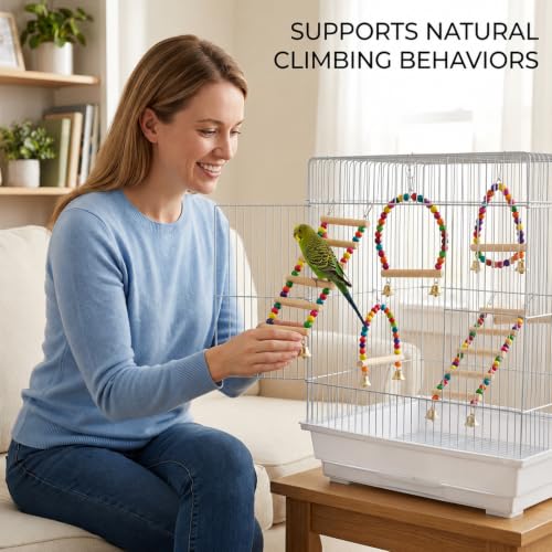 4 Piece Bird Ladder, Budgie Toys for Small to Medium Birds, Parakeet Cage Accessories Set, Natural Wood Bird Climbing Toys for Cage Environment Enrichment and Physical Activity
