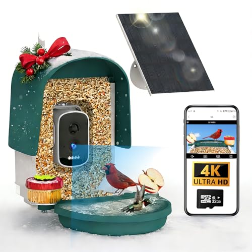 4K Solar Smart Bird Feeder with Camera for Outdoor Bird Watching | 160° Wide Angle, 5200mAh Battery, 32GB SD Card, AI ID 10000+ Birds, Color Night Vision, Waterproof WiFi, Gift for Bird Lovers