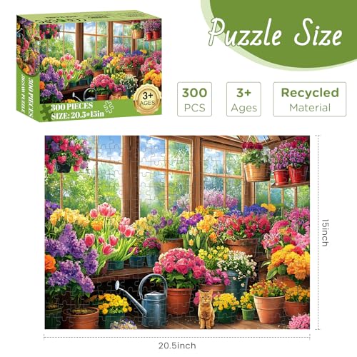 300 Piece Puzzles for Adult, Colorful Flower and Cute Cat Jigsaw Puzzles - style: Flower House