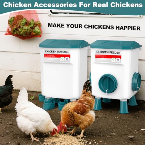 Chicken Feeder and Waterer Set, 1.9 Gallon/17.7 Pounds, Automatic Chicken Feeders and Chicken Waterer, Detachable for Chickens, Duck & Quail Coop Use, Outdoor Farm & Backyard (Lake Blue)