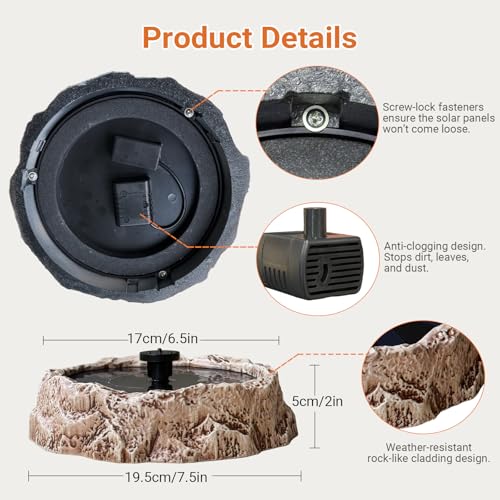 Upgrade Solar Fountain for Bird Bath Granite Rock Solar Water Fountain Pump with 6 Nozzles for Hummingbird Birdbath Lawn Fish Tank and Aquariums, High Efficiency & Anti-Clogging