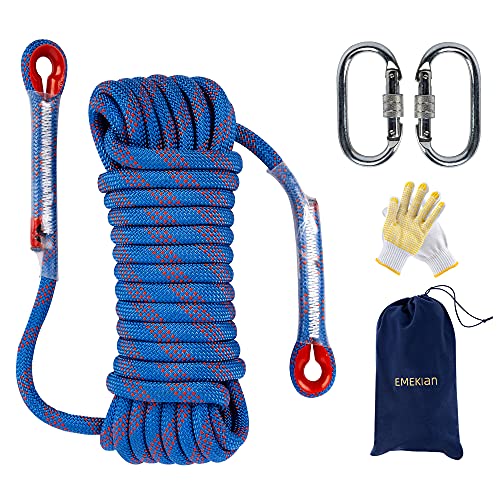 Indoor Outdoor Climbing Rope, 10/12/14mm (32FT/49FT/65FT/98FT) Static Rock Climbing Rope for Escape Rope, Ice Climbing Equipment, Fire Safety Rescue Rope, with Non Slip Gloves - color: Blue, size: 10mm/65ft