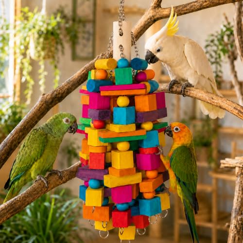 20"Large Bird Toys Natural Wooden Foraging Toys for Medium& Large Birds | 20” X-Large Bird Toys, Natural Wooden Material,Stainless Steel Chain,Bird-safe carabiner,Colorful Chew Toys,for Large Birds