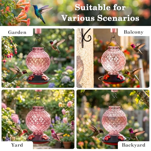 25 OZ Glass Hummingbird Feeder for Outdoors, Leak Proof Hummingbird Feeder with Ant Moat, 4 Bee Resistant Feeding Ports, Easy Clean Wide Mouth Design, Hanging Nectar Feeder, Pink - color: Pink - 25oz