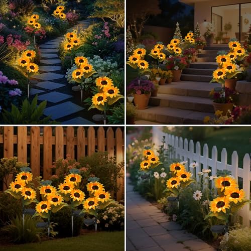 2 Pack Bee Watering Station, Butterfly Bird Water Feeder, 2-In-1 Flower Design Bee Bath Bowl with Glass Marble for Outdoor Decor & Sunflower Solar Lights Outdoor Waterproof, Flower Solar Garden Lights