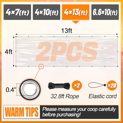 2pcs 4x13ft Chicken Coop Covers Accessories for Winter - Easy to Install Waterproof Chicken Run Tarp with Elastic Cords & Ropes - size: 4x13ft