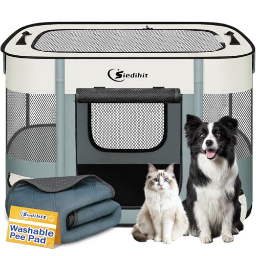 Siedihit 31" Dog Playpen,Cat Puppy Pen, Pet Portable Crate Indoor Outdoor | Durable Travel Camping Use,Foldable Dog Kennel Tent Cage for Rabbit Small Animals with Carrying Case(Grey with Pad, Medium) - color: Grey with Pad, size: Medium