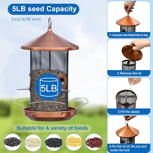 Large Bird Feeders for Outside: 3-5LB Capacity Seed Feeding | 12.6inch Easy Hanging for Tree Garden Yard Outside Decor Cardinal Finch - Gardening Gifts for Women Men