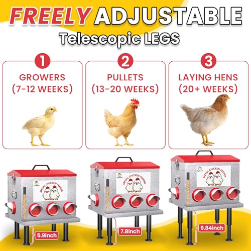 10-Gal Metal Automatic Chicken Feeder with No-Waste Feeding Tray | 55LB Capacity, 8 Feeding Ports, Rust-Proof Alloy Steel, Clear Viewing Window, Height-Adjustable Legs for Chicken Coops - color: Red, size: 10GAL-53LB
