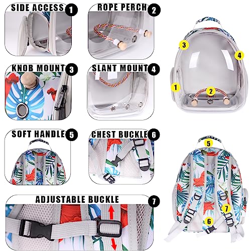 Bird Traval Carrier Cage, Clear Space Capsule Astronaut Backpack to Carry Parakeet Cockatiel Parrot with Metal Tray Wooden Perch and Bird Feeder, Vet Transport Book Bag Floral Printed - color: Floral