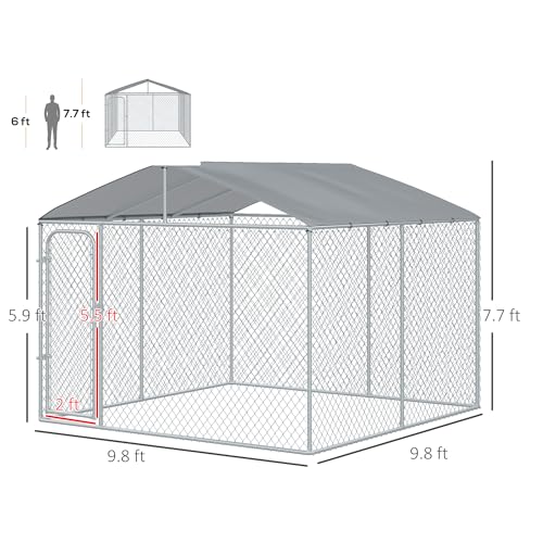 PawHut Outdoor Dog Kennel, Heavy Duty Dog Run Outdoor Fence with Waterproof Cover, Galvanized Chain Link, Secure Lock, 9.8' x 9.8' x 7.7' | Outdoor Fence, Waterproof Cover, Galvanized Chain Link, Secure Lock - size: 118.0"L x 118.0"W x 92.3"H