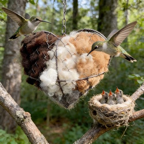 Handmade Alpaca Fiber Bird Nesting Heart-Refillable Material Holder (Brown) | for Wild Birds and Hummingbirds,Refillable Fowl Home Garden Yard