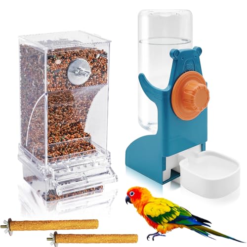 VCEPJH No Mess Bird Feeder with Water Dispenser, Automatic Parrot Feeder Drinker Parakeet Seed Dispenser Food Container with Cage Perch for Lovebirds Conures Budgies Canary Finch (4Pcs) - color: Blue