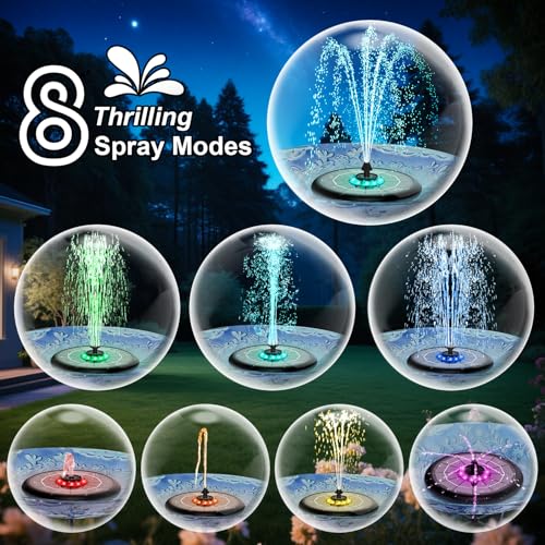 Solar Fountain UFO Style, 2026 Upgrade 5W Glass Solar Panel Bird Bath Fountain with LED Lights, 4000mAh Backup Battery, 7 Nozzles for for Garden, Pond, Pool, Patio Outdoor Water Feature - color: Black
