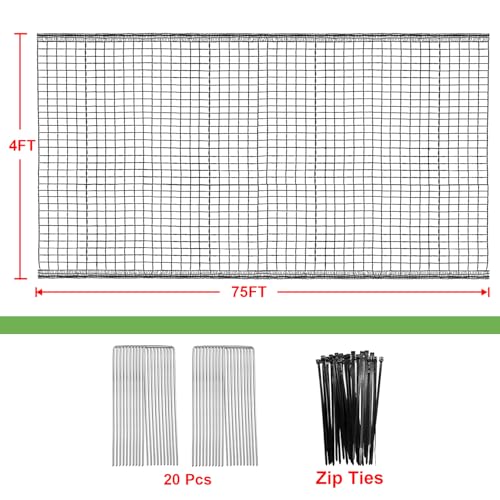 4 x 75ft Deer Fence Netting, Heavy Duty Plastic Mesh Fence Deer Netting, 55GSM Deer Fence for Garden, Reinforced Edges Anti Bird Netting Mesh for Trees Vegetable Raised Bed(55GSM, 4 x 75ft) - size: 4 X 75ft