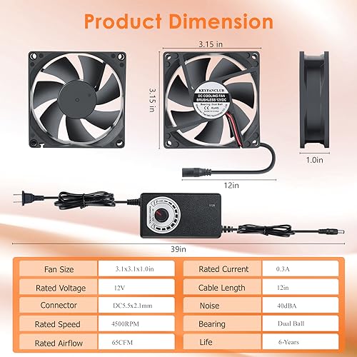 80mm Small Computer Fan with AC Plug, 110V 120V 220V 240V Fan with Speed Controller, Cooling for Gaming PC, Modem, Cabinet, Terrarium, Greenhouse