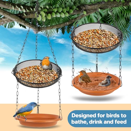 RAINFLOW Hanging Bird Bath Feeder - 2 in 1 Outdoor Water Tray for Backyard | Platform Bird Feeder for Outside Garden Patio, Attracts Wild Birds, Spring Summer Decor, Bird Lover Gift, Easy Hanging Set