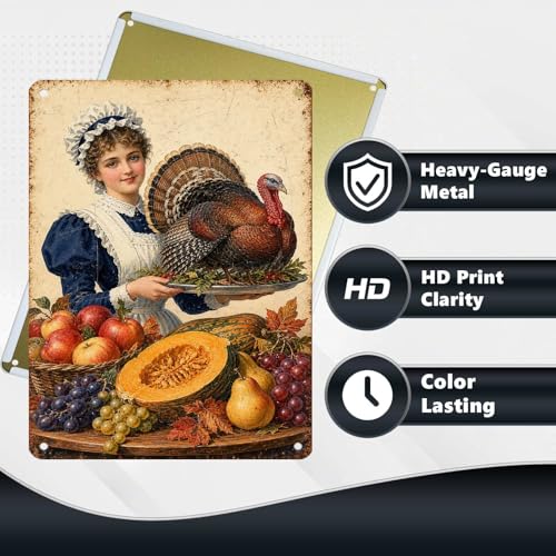 Vintage Thanksgiving Pilgrim Girl Turkey Pumpkin Tin Sign Harvest Wall Decor for Kitchen Dining Room Living Room Porch Entryway and Farmhouse Home Decor 16 * 12In - color: Vintage Thanksgiving Tin Sign 16, size: 30X40cm(12*16in)
