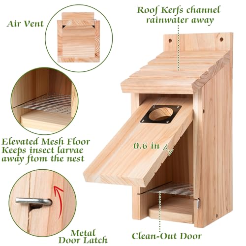 Dreyoo 2 Pack Bluebird Box Houses for Outside,1-1/2'' Entrance Hole Wooden Bird Houses with Metal Guard, Secure Latch,Fledgling Grooves,Air Vents for Bluebird Wren Swallow(Wood) - color: Wood