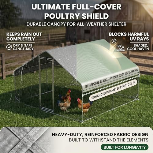 Metal Chicken Coop with Hardware Cloth, Walk-in Poultry Cage for Hen Duck | Hardware Cloth, Solar Light Included, UV-Resistant Waterproof Cover, Large Walk-in Space for 15-20 Birds - size: 156.2"L x 118.4"W x 78.0"H