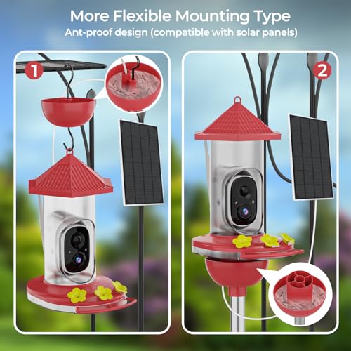 Smart Hummingbird Feeder with Camera, Wireless Bird Feeders | Solar Powered, AI Recognition, Instant Notifications, Feeder for Outdoor, Ideal Gift for Bird Lovers - color: Red