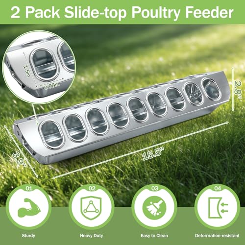 Potchen 2 Pcs Slide-top Poultry Feeder Durable Galvanized Metal Chicken Feeder Trough with Removable Top Trough Multi-Hole Tray for Pigeon Quails Duckling Birds Duck Chicken(15.5 Inch) - size: 15.5 Inch