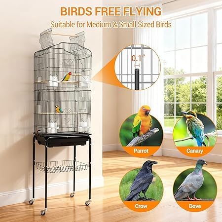 64 in Bird Cage, Parrot Cage, Parakeet Cage - Large Hanging Birdcage with Solid Iron Wrought Construction, Rolling Storage & Bird Stand, Flight Nest for Cockatiel, Budgie, Canary & Small Parrots - size: 18.0"L x 64.0"W x 14.0"H