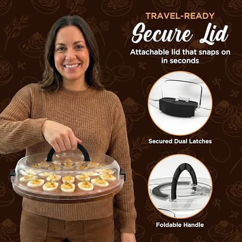 Trauful Deviled Egg Carrier with Lid and Handle | Reversible | Wooden Portable Deviled Egg Containers with Lid for Party Travel | Covered Platter Tray Holder | Holds 22 Eggs, Acacia Wood - color: Acacia