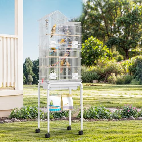 DWVO 62-inch Metal Bird Cage for Cockatiels, Parrots, Pigeons | Bird Cage for Cockatiels, Parrots, Pigeons, Lovebirds, Features Roof Access and Rolling Stand, White - color: White