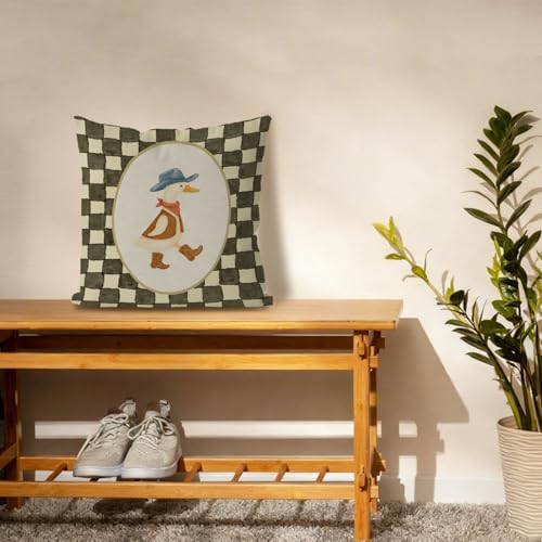 Western Cowboy Goose Nursery Pillow Cover 18x18, Whimsical Farmhouse Country Wild West Goose Retro Checkered Decorative Throw Pillow Cover for Home Nursery Kids Room Bedroom
