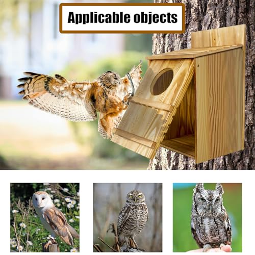 Owl House,Wooden Owl Box,Owl Houses for Outdoors, Suitable for Screech Owl Nesting Box and Kestrels, Easy Assembly with Circular Opening, Includes Mounting Screws and Wood Shavings