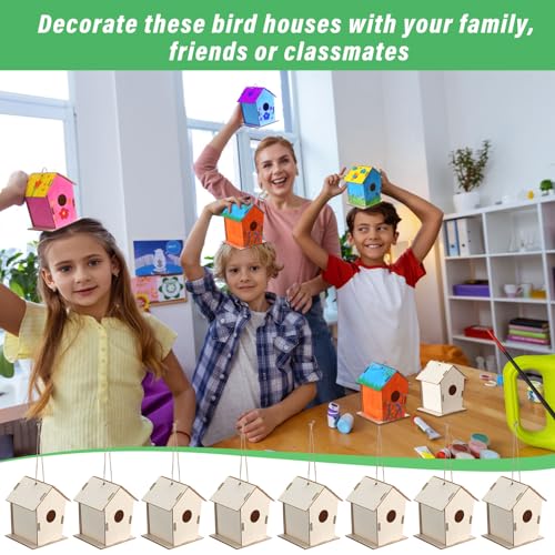 DoubleFill 12 Pcs 4.33" Wooden Bird Houses Crafts Kit for Kids DIY Unfinished Hanging Birdhouse for Art Painting Wood Toys Boy Girl Class Back to School Classroom Project Parties Creative Activity
