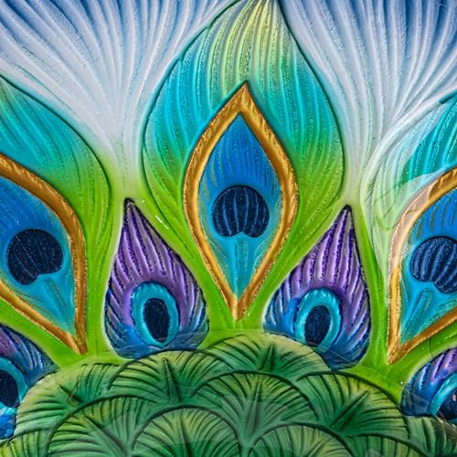 Teamson Home 17.8 in. Round Fusion Glass Birdbath, Multicolored | Peacock Design, Solar-Powered Light, Foldable Metal Stand, Ground Hook - color: Green Peacock, style: Solar