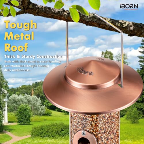 Bird feeders for Outdoors Metal Chew Resistant Copper-Plating, 1PK | Metal Roof, Metal Tray, Stainless Hanger, Flip-Top Fill, 3 stainless Perches with 2 Feeding Ports, Easy-Clean, 1.5LB - color: Copper-Plating