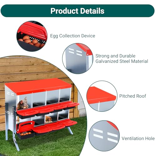 8-Hole Chicken Nesting Box with Removable Lid, Metal Chicken Coop with Roll Away Design/Easy Egg Collection/Ventilation Holes, for Chicken Coops, Duck Coops and Hens - color: Red, size: 8 holes with legs