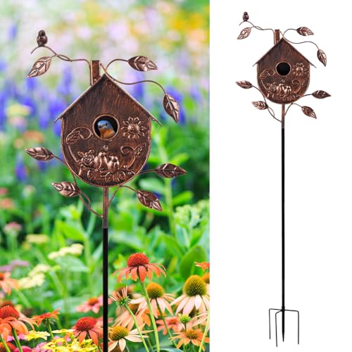 DREAMSOUL 48" Birdhouse with 1.6" Hole, Vintage Bird House Pole for Patio | Metal Bird Houses for Outside Yard Art, Weatherproof Finish, Outdoor Backyard Accent, Ornamental Aviary Style - style: Antique