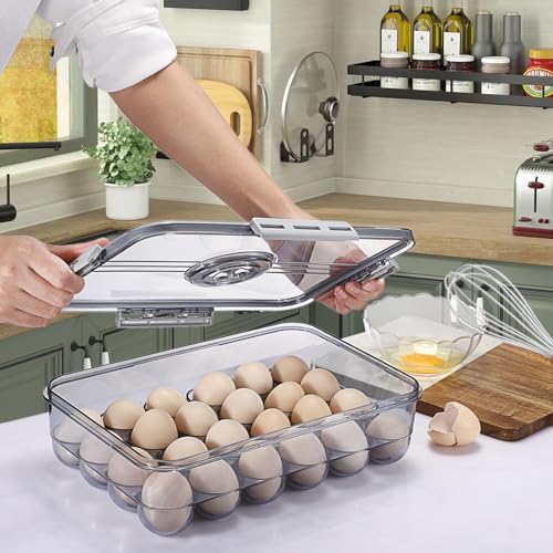 BSTKEY Egg Holder for Refrigerator, Egg Container with Time Scale, Egg Holder with Lid for Kitchen Storage, Stackable Tray for 24 Eggs - size: Hold 24 eggs