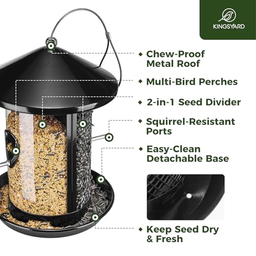 Kingsyard Metal Bird Feeders for Outdoors Hanging, Tube Bird Feeder | 4 lbs Capacity, Dual Chamber Design, 2 perches & 360 Degree Perch, Weatherproof, Chew-Proof, Easy to Clean & Refill, Black