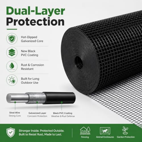 GoldPeak Black Hardware Cloth 1 inch Mesh 48x100 17 Gauge | Vinyl Coated Wire Mesh Roll Chicken Wire Fencing Wire Fence Roll Tree Guard Wire Mesh Fence Rat Wire Garden Fencing - size: 1x1 inch 48''x100'
