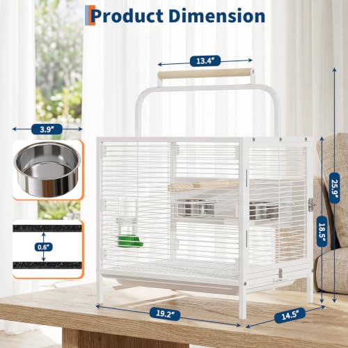 25.9''H Travel Bird Cage for Small Parrots Wrought Iron Portable Carrier Parrot Cage with Food Bowl/Perch, Slide-Out Tray for Canaries Budgies Parrotlets Lovebirds Conures Cockatiels, White | Wrought Iron Portable Carrier Parrot Cage w/ Slide-Out Tray for