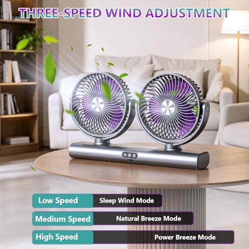 Quiet Fan with 360° Dual Heads, Battery Operated Desk Fan, 3-Speed Side Table Fan, Bedside Table Fan with Night Light, Portable Fan Wall Mount or Ceiling Hanging for Camping Bedroom Office (Grey)