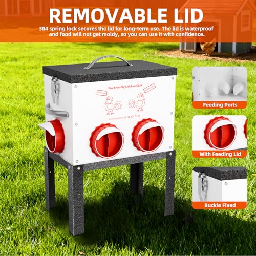 Automatic Chicken Feeder No Waste 35 Pounds 6 Ports Metal Poultry Feeder with Latch & Handle Adjustable Height Heavy-Duty Stand - Outdoor Feeding Station for Chickens, Ducks & Geese