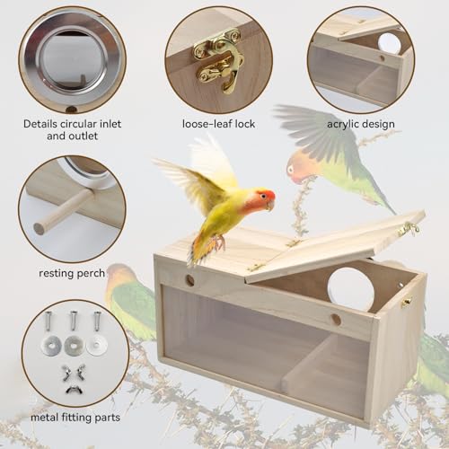 Natural Wood Bird Nesting Box,Acrylic Parakeet Nesting Box Transparent Cockatiel Nest House with Perch Wooden Parrot Nest for Lovebird Budgie Conure Canary Finch(Medium) - size: Medium