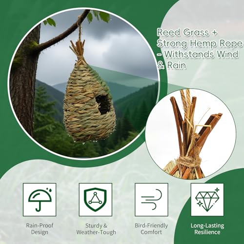 GUTE Hummingbird Houses 3Pcs Hand Woven Grass Hanging Bird Nest | Natural Grass,Hand-Knitted,Sturdy Shelter,Ventilated Cozy Design,Blends in Trees,Easy to Hang,Garden,Window - color: Water Drop Shape, size: 3pack