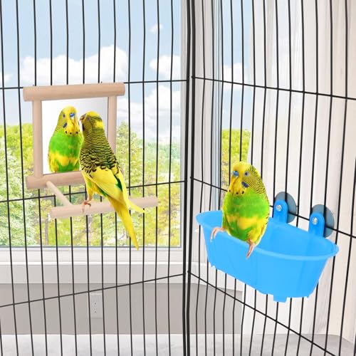 Wontee Bird Bath Parrot Bathing Tub Bird Mirror with Perch Toys for Budgies Parakeets Cockatiels Lovebirds Finches Canaries (Blue (A)) - color: Blue (A)