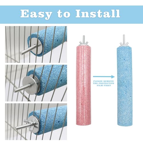 Dual-Textured Bird Perch, 2-Pack – Chewable Mineral Stone & Metal Rod Stand for Small/Medium Birds | Cage Mounted Perches for Beak Grinding, Claw Trimming (Blue & Pink)