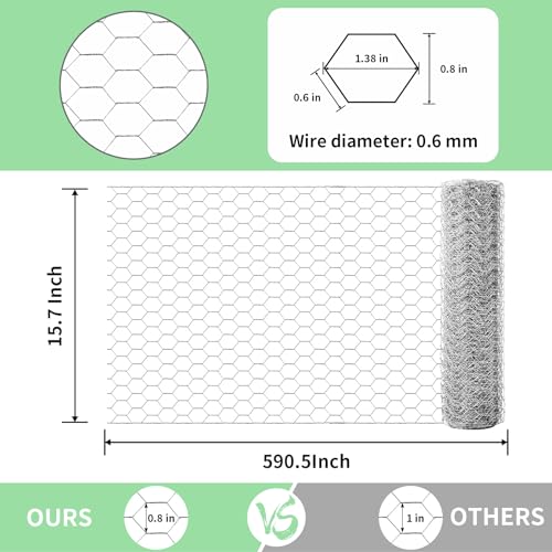 Chicken Wire 15.7 in x 590.5 in Poultry Wire Netting Hexagonal Galvanized Mesh Garden Fence Barrier for Pet Rabbit Chicken Fencing with 100 Pcs Cable Zip Ties - color: Silver, size: 15.7"x590.5"+100Ties