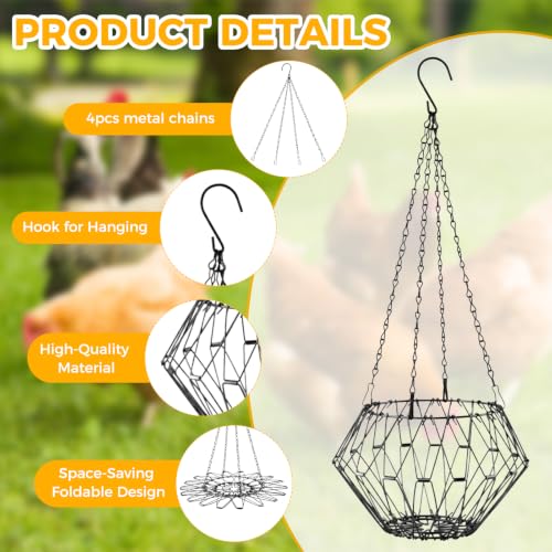 2 Pack Foldable Iron Hanging Chicken Feeder, 6.4 Inch Poultry Feeder Basket with Hanging Chains, Vegetable Hanging Feeder for Duck Rabbit Goose Coop Boredom Relief Toy