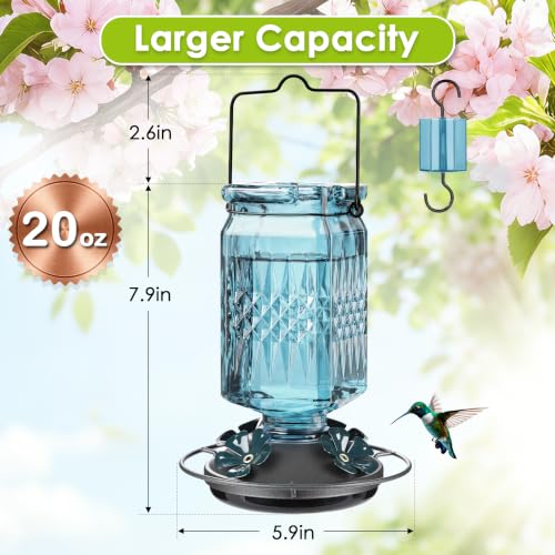 20oz Glass Hummingbird Feeder for Outdoors Hanging, Bird Nectar Feeder with 4 Bee Guard Flower-Shaped Feeding Ports & Built-in Ant Moat, for Bird Lover, Blue (2 Pack) - color: Blue 2 Pack